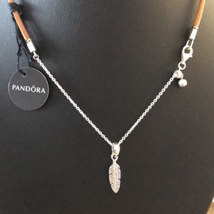 “PANDORA” TAN LEATHER CORD CHOKER WITH 925 SILVER FEATHER PENDANT NWT!RARE ITEM!